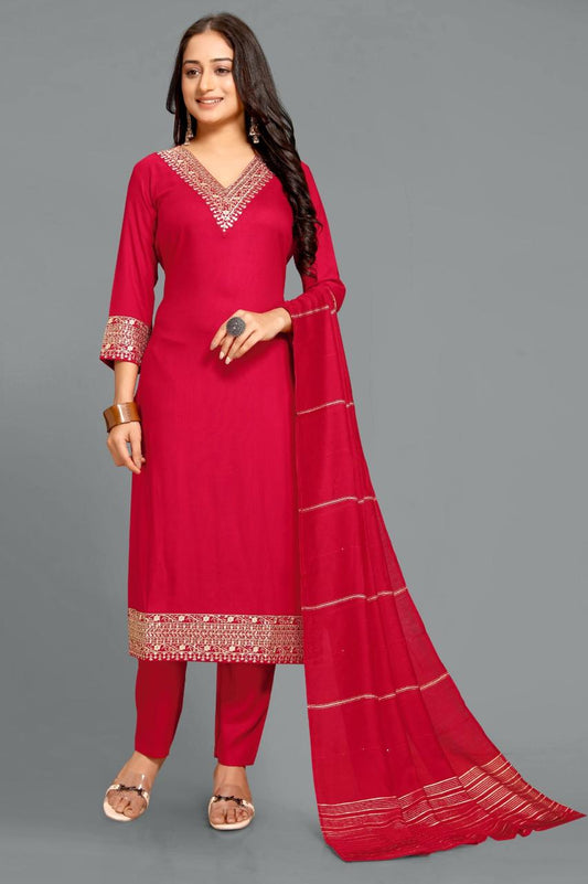 Embroidered Maroon Ethnic Suit Set with Dupatta (3-Piece Set)