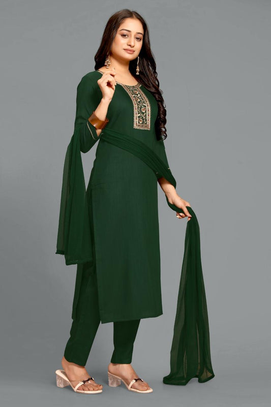 Embroidered Bottle Green Cotton Slub Suit Set with Dupatta (3-Piece Set)