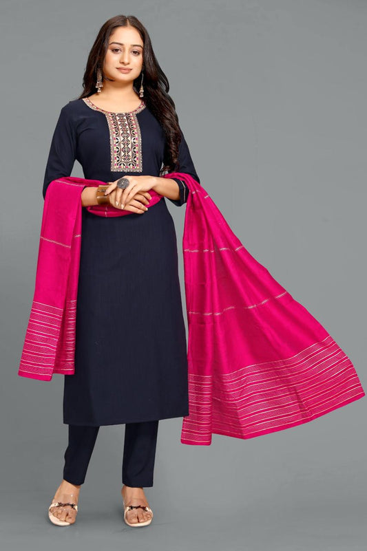 Embroidered Navy Blue Cotton Slub Suit Set with Pink Dupatta (3-Piece Set)