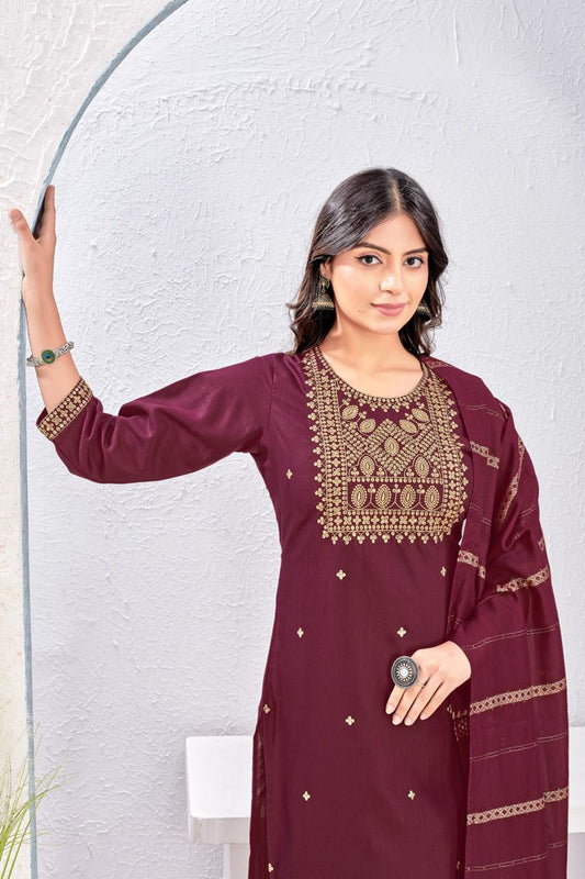 Burgundy Cotton Slub Kurta Set - Embroidered Design