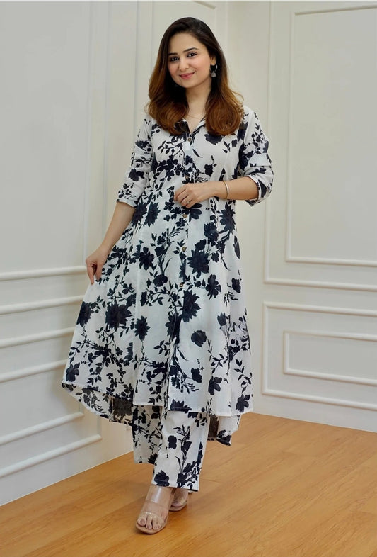 Black & White Floral Kurta Set – Jaipuri Cotton Rayon