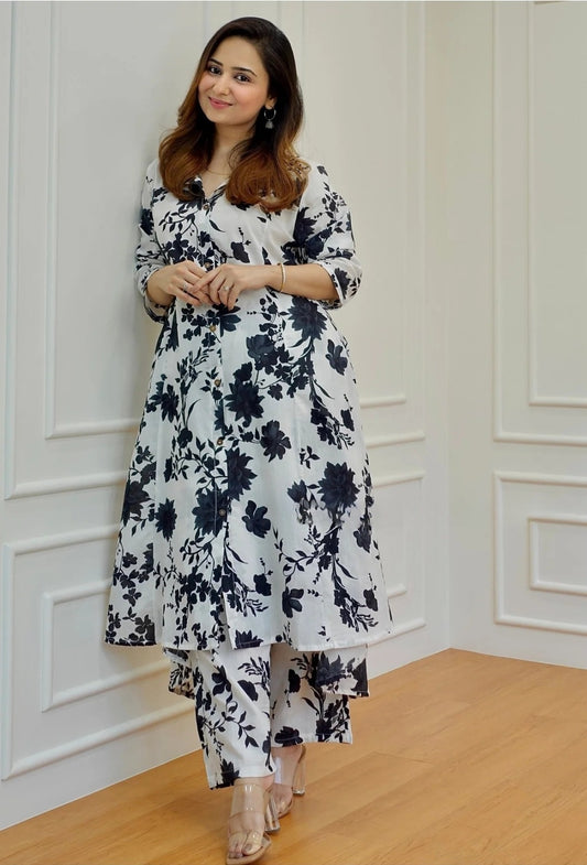 Black & White Floral Kurta Set – Jaipuri Cotton Rayon