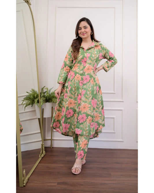 Green Floral Jaipuri Cotton Rayon Kurta Set
