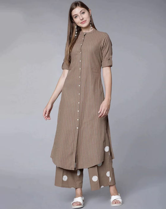 Minimalist Brown Striped Cotton Rayon Kurta Set