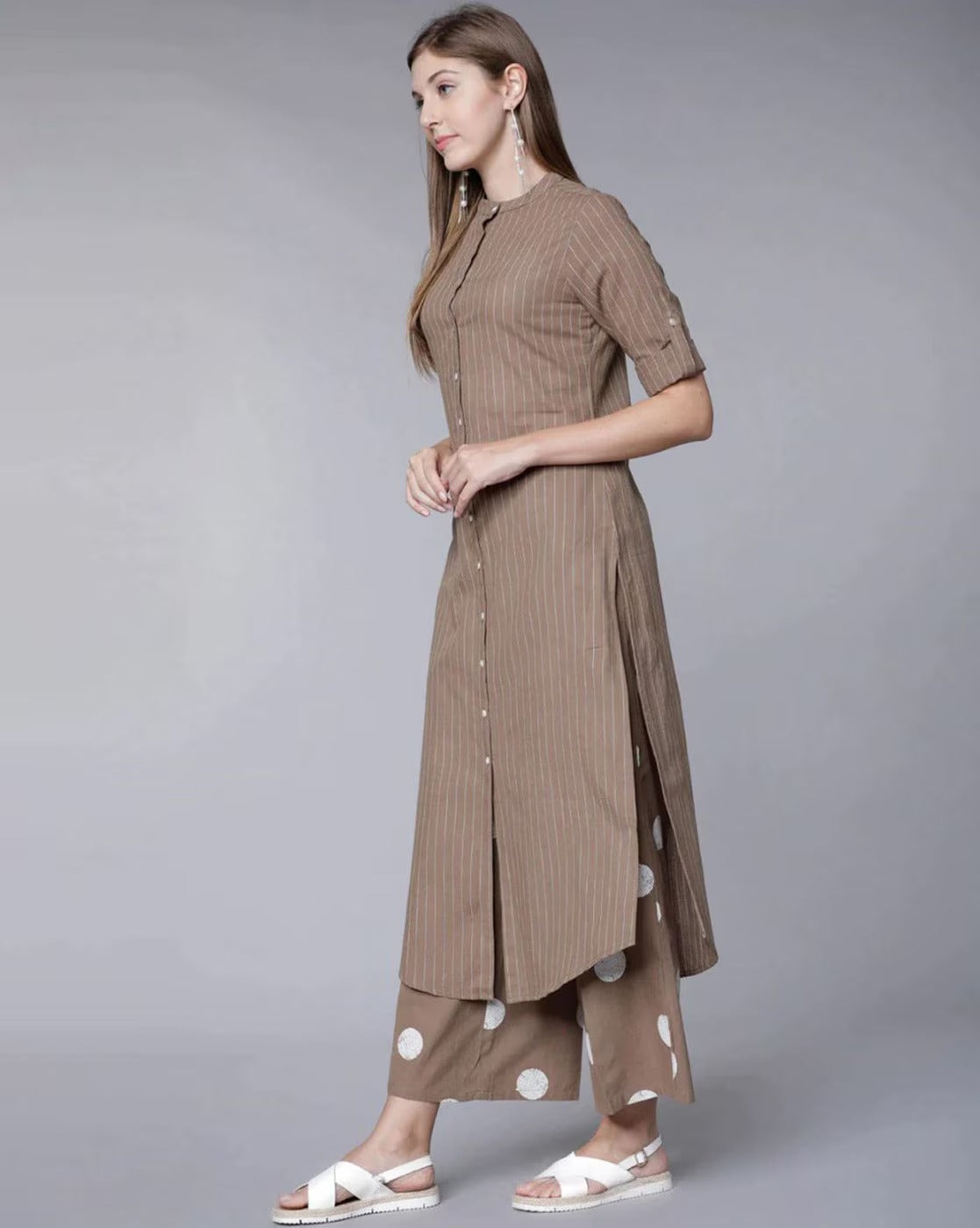 Minimalist Brown Striped Cotton Rayon Kurta Set