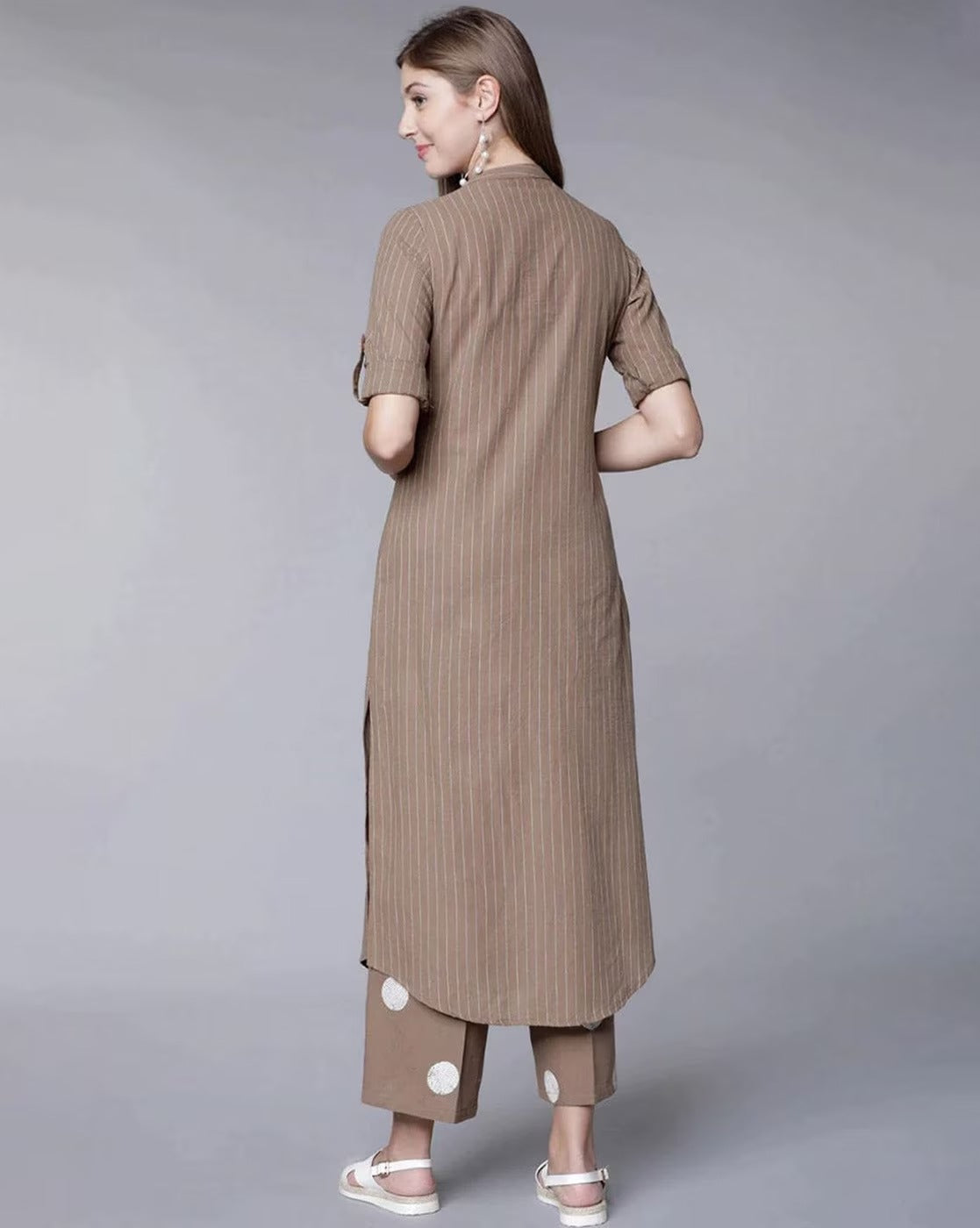 Minimalist Brown Striped Cotton Rayon Kurta Set