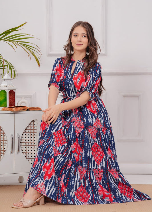 Boho Indigo & Red Tiered Cotton Maxi Dress