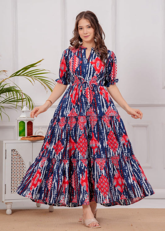 Boho Indigo & Red Tiered Cotton Maxi Dress