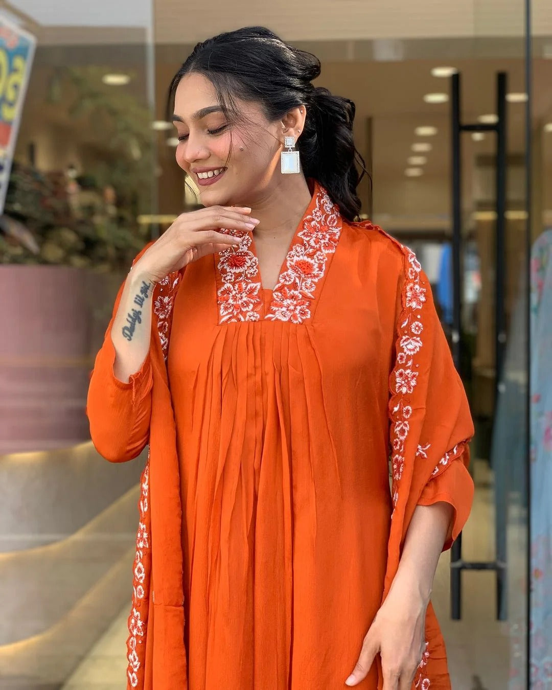 Amber Elegance Embroidered Kurta Set with Dupatta