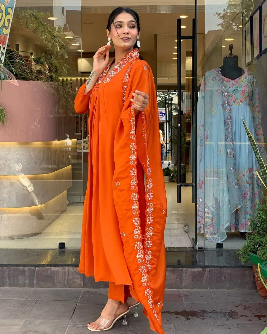 Amber Elegance Embroidered Kurta Set with Dupatta