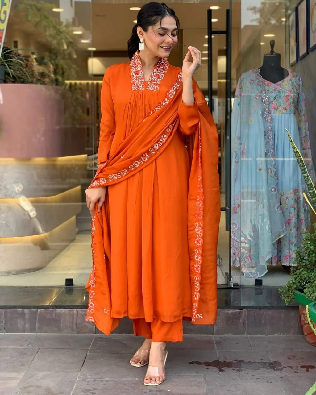 Amber Elegance Embroidered Kurta Set with Dupatta