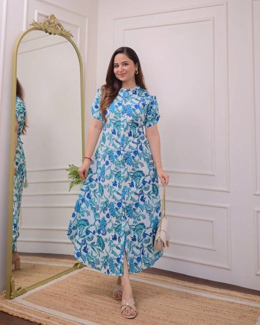Azure Bloom Floral Button-Down Midi Dress