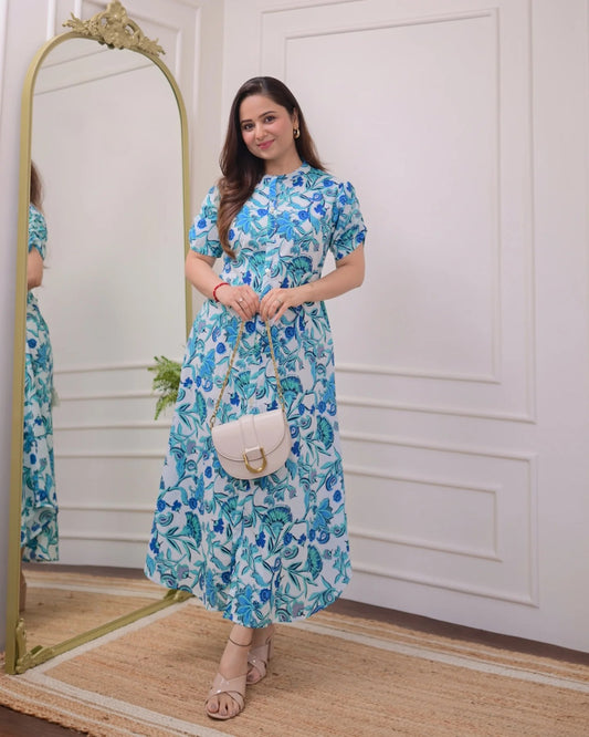 Azure Bloom Floral Button-Down Midi Dress