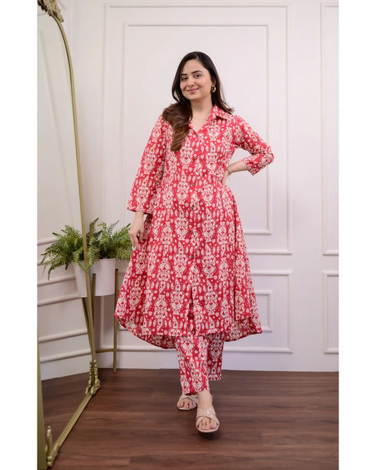 Crimson Bloom Block Print Flared Kurta Set