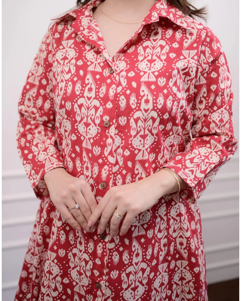 Crimson Bloom Block Print Flared Kurta Set