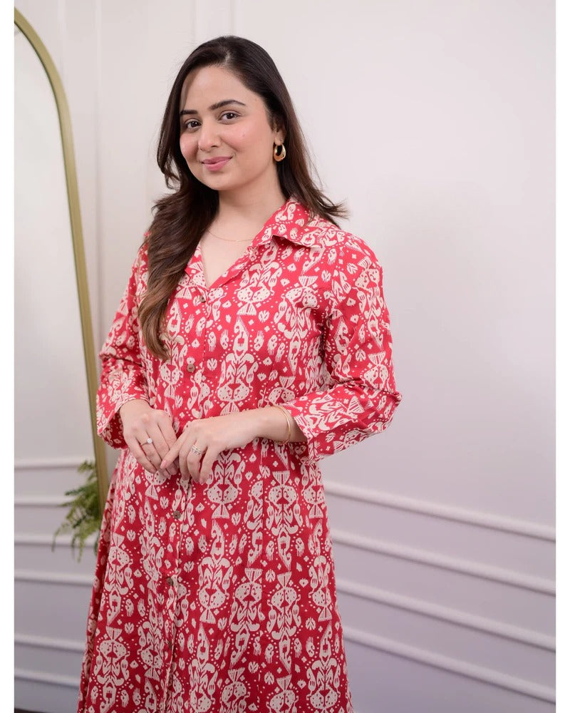Crimson Bloom Block Print Flared Kurta Set