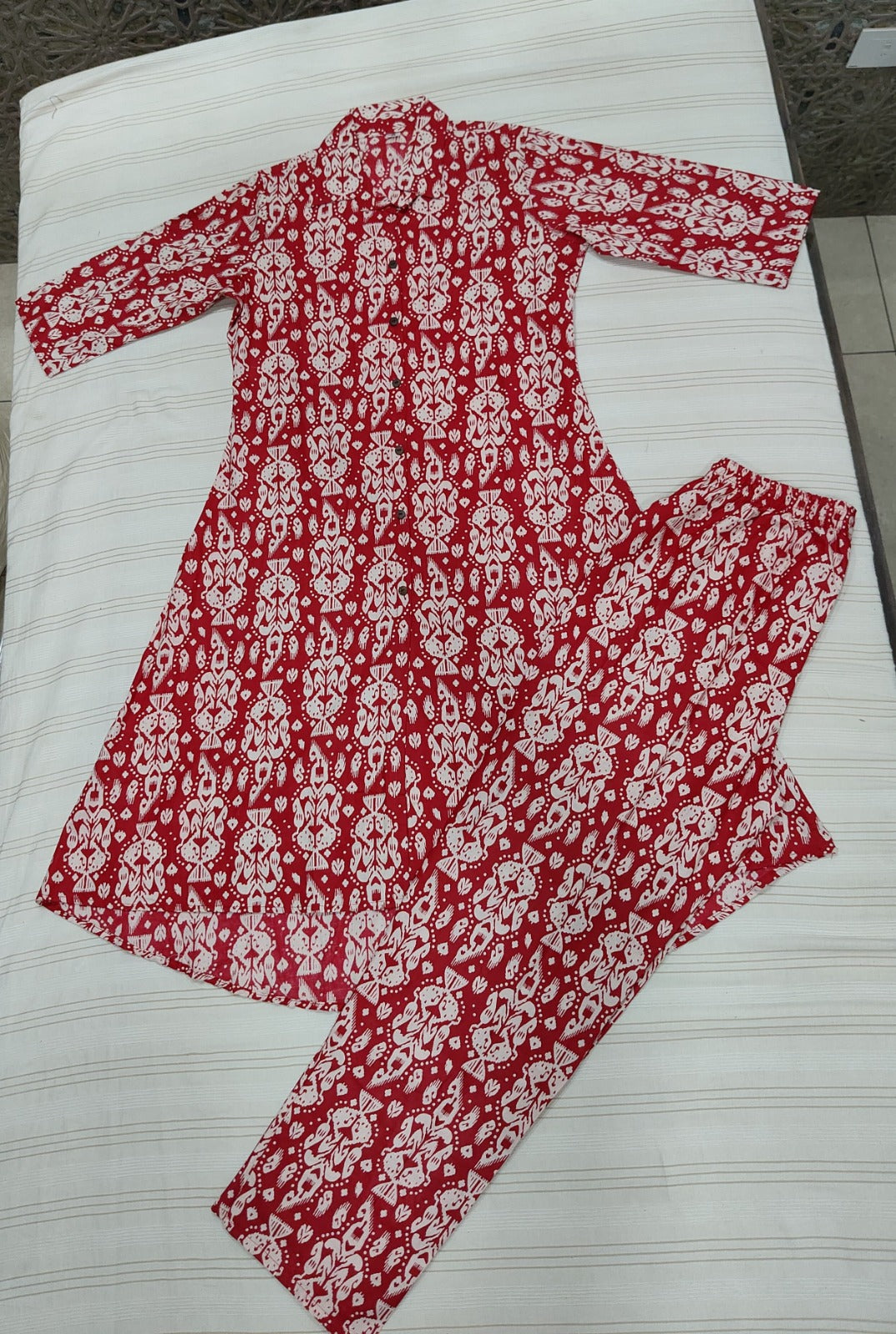 Crimson Bloom Block Print Flared Kurta Set