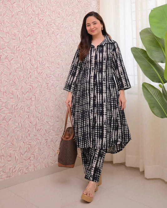 Chic Monochrome Shibori Print Flared Kurta Set