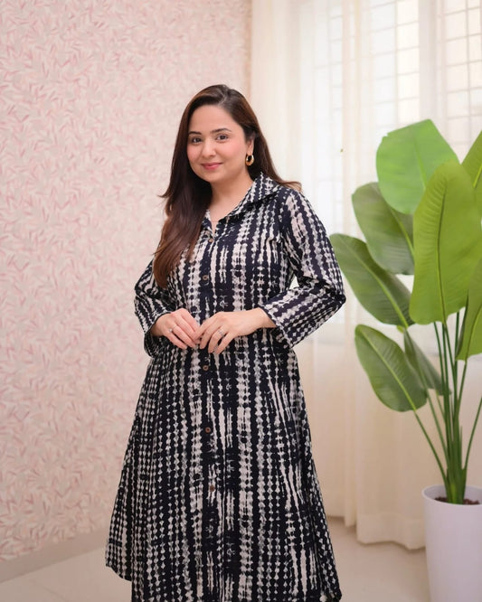 Chic Monochrome Shibori Print Flared Kurta Set