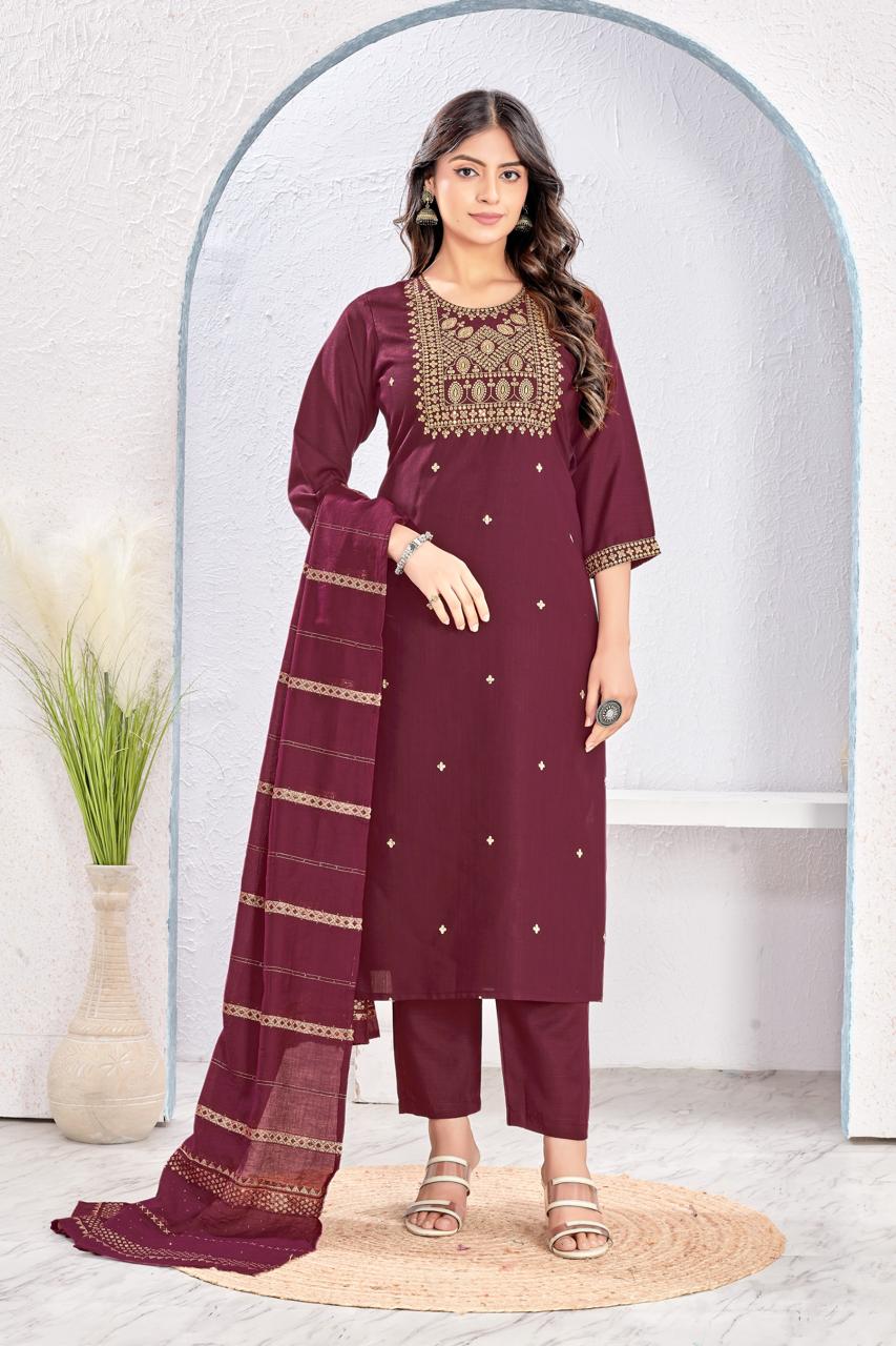 Burgundy Cotton Slub Kurta Set - Embroidered Design